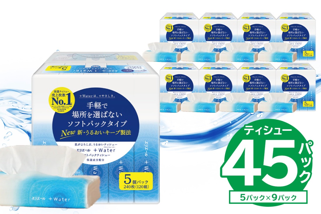 【ハーフサイズ】エリエール +Water（プラスウォーター）ソフトパックティシュー　120W5P×9パック 【0095-032】
