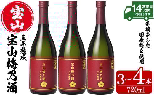 
            No.915/No.916 ＜本数選べる＞宝山梅乃酒 三年熟成 720ml (3本/4本) 宝山 梅酒 酒 果実酒 アルコール 家飲み 宅飲み 梅 国産 熟成 鹿児島 薩摩 ギフト 贈答 常温 常温保存【西酒造】
          