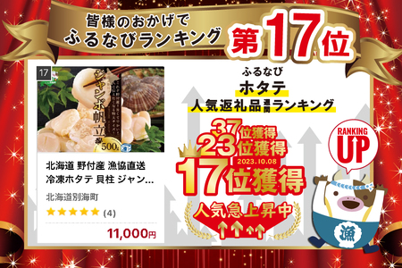 北海道 野付産  冷凍ホタテ 貝柱 ジャンボホタテ500g【be018-0120】  （ ほたて ホタテ 帆立 貝柱 北海道 野付 人気 ふるさと納税 ）