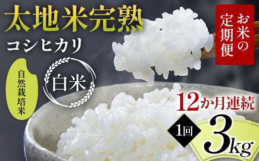 
            お米の定期便 自然栽培米 太地米完熟 【こしひかり】 白米3kg×12か月連続 ブランド米 お米 精米 白米 人気 F7X-0439
          