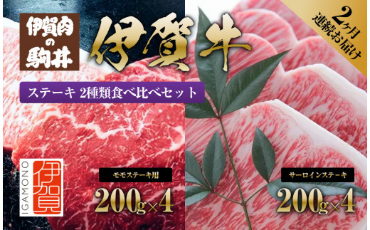 
2ヶ月連続お届け 伊賀牛 ステーキ（1：モモ・2：サーロイン）各200g×4枚
