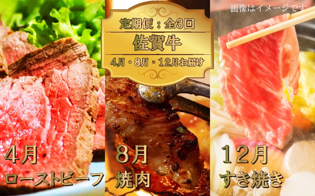 
            【定期便セット：全3回】佐賀牛定期便（4月：ローストビーフ・8月：焼肉・12月：すき焼き）
          