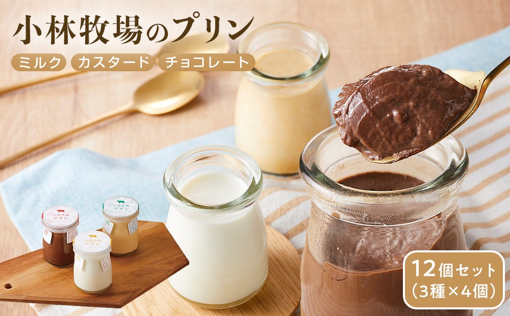 
            小林牧場プリン　カスタード、ミルク、チョコレート　各４個
          