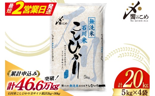 【最短2営業日発送】 米 令和7年 無洗米 こしひかり 精米 5kg 4袋 計 20kg  [中橋商事株式会社 石川県 宝達志水町 38601425-sp] お米 こめ コメ 令和7年産 コシヒカリ 白米 ごはん ご飯 5キロ 20キロ 時短 むせんまい 能登 石川