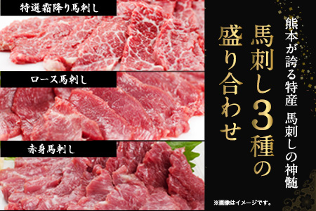 馬刺し3種の盛り合わせ【特選霜降り馬刺し100g/ロース馬刺し100g/赤身馬刺し100g×2】+タレ100ml付き《90日以内に出荷予定(土日祝除く)》 熊本県 葦北郡 津奈木町