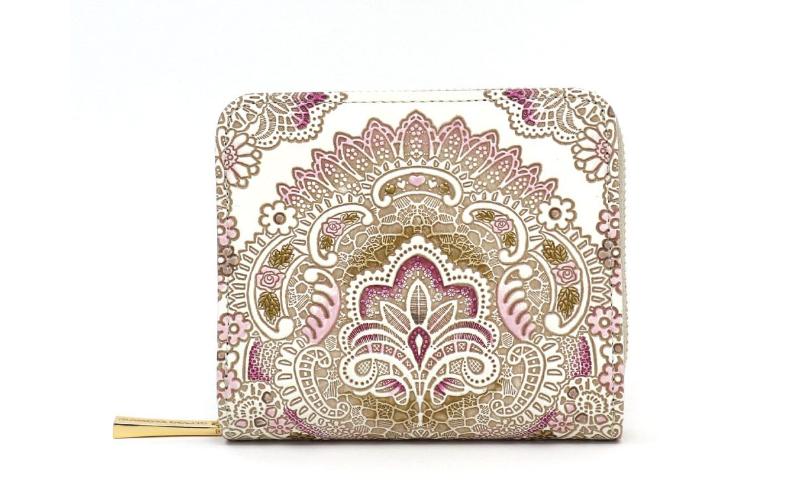 【文庫屋大関】二つ折りファスナーミニ財布 アンティークレース＜ピオニー＞【皮革工芸品】財布 二つ折り 小物 お札 カード 小銭 コンパクト 牛革 手作り 日本製 墨田区 東京都