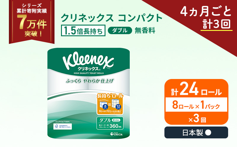 定期便 トイレットペーパー ダブル クリネックス 1.5倍長持ち 8ロール × 1パック コンパクト 無香料《 4ヶ月ごと計 3回 》