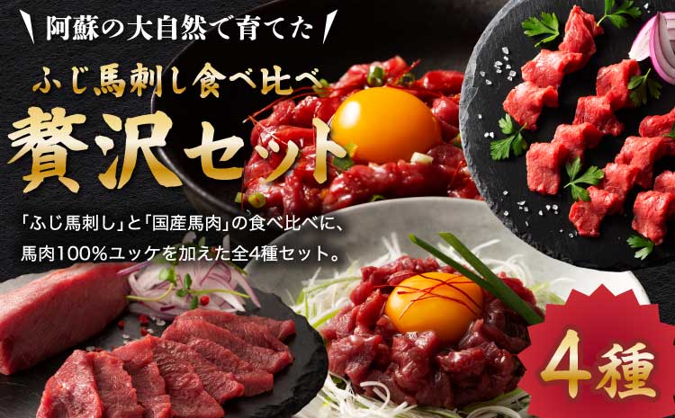 「本場・熊本特産」馬刺し4種の食べ比べ 馬肉 馬刺し ばさし馬肉 馬刺し  ユッケ 桜肉 食べ比べ 4種 セット 専門店 自社牧場 産地直送 本場 特産 お取り寄せ ご褒美 贅沢 おつまみ 晩酌 小分