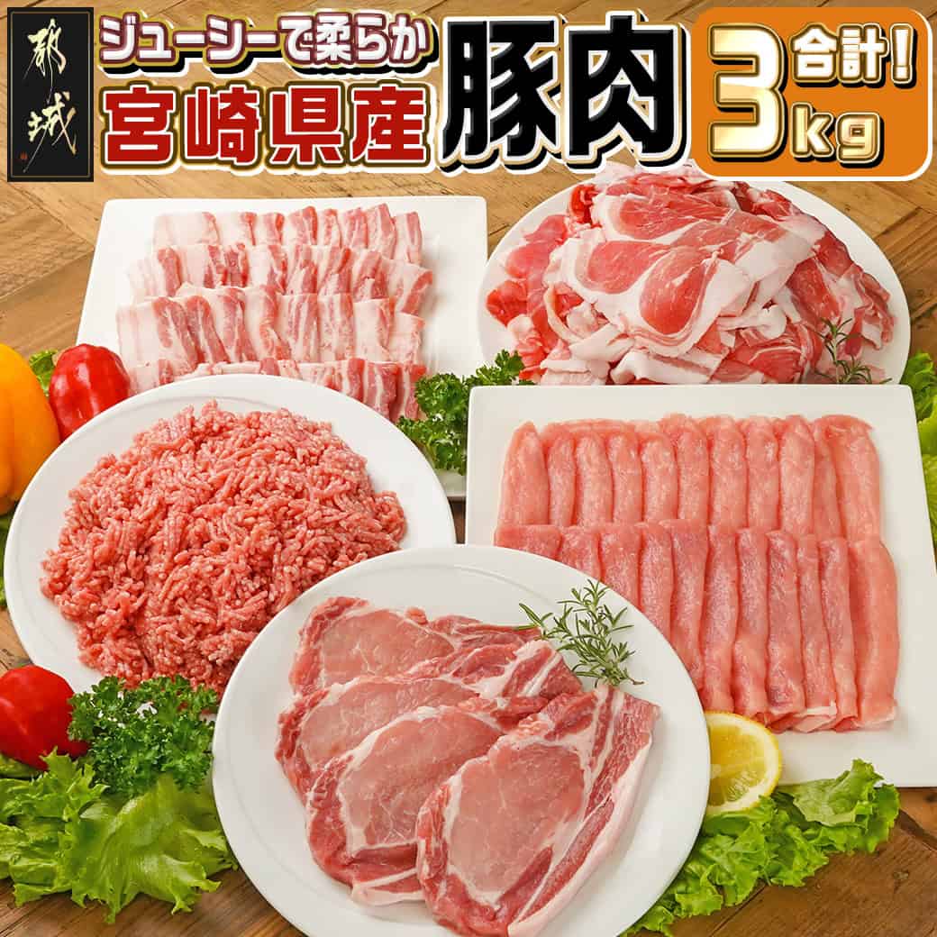 【ふるさと納税】宮崎県産豚肉3kgセット - 宮崎県産豚肉 バラエティ詰め合わせ 豚肉セット ローススライス ロース又は肩ロースカツ用 バラ焼肉用 切り落とし ミンチ 5種類 冷凍配送 みやざき 送料無料 MJ-M601 【宮崎県都城市は2年連続ふるさと納税日本一！】