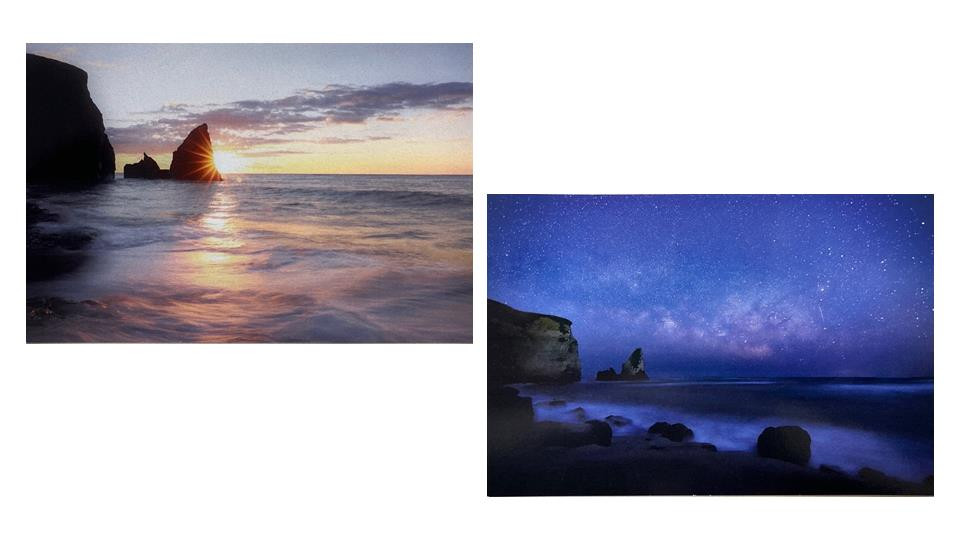 ポストカード「冴ゆる海へ」（左）「静寂の中の輝き」（右）撮影場所：大波月海岸
