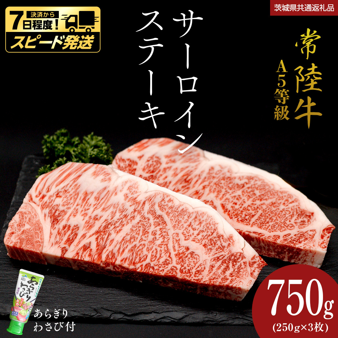 【 スピード 発送 】【 常陸牛 】 A5 等級 サーロインステーキ 750g (250g×3枚) あらぎり わさび 付 (茨城県共通返礼品) ひたちぎゅう ブランド牛 ステーキ サーロイン 国産牛 