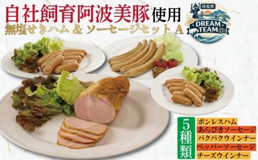 無塩せき ハム ソーセージ 5種 セットA ウインナー フランクフルト ボンレスハム ペッパーソーセージ ぱくぱくウィンナー あらびきソーセージ チーズインウィンナー 徳島県産 プレゼント ギフト 冷凍 鍋 惣菜 おかず 肉 豚  粗挽き 小分け お試し ドリームチーム