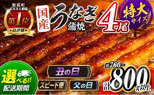 新富町産うなぎ蒲焼4尾 合計720g以上
