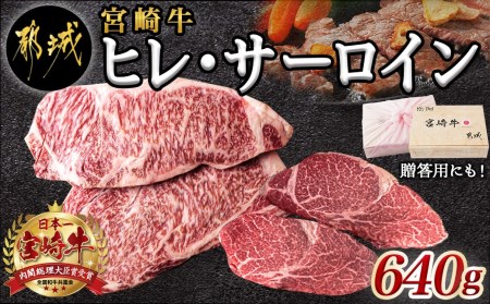 宮崎牛ヒレ・サーロインステーキ640g_AD-2504_(都城市) 牛肉 ブランド牛 ヒレステーキ(120g×2枚) サーロインステーキ(200g×2枚) ソース・塩コショウ付 真空パック 希少部位