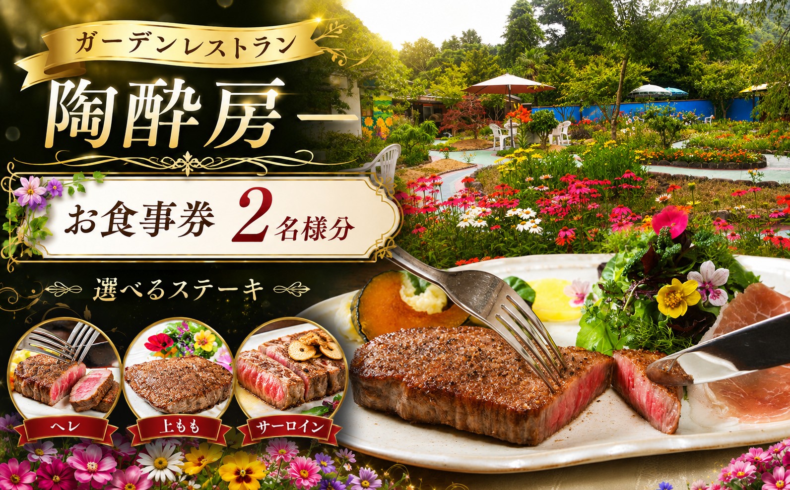 
                  【 ガーデン レストラン 陶酔房ー 】 お食事券 2名様 【選べる部位】 国産 黒毛和牛 窯焼き ステーキ | チケット 食事券 ガーデン レストラン ヘレ 上もも サーロイン ステーキ 国産 黒毛和牛 上質 窯焼き スープ 健康 兵庫県 上郡町
                