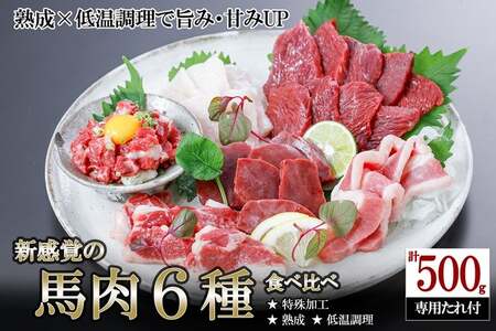 【令和7年12月出荷分】馬肉 盛り合わせ 6種 500g 特許製法 氷温熟成 低温調理 レア 赤身 フタエゴ ハツ サガリ ユッケ コウネ 小分け 焼くだけ簡単 専用醤油 タレ付 真空パック 熊本 小国町