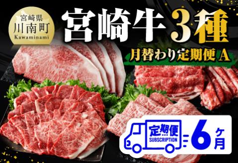 【 6ヶ月定期便 】 宮崎牛 3種 月替わり 定期便A 全6回　牛肉[E11012t6]