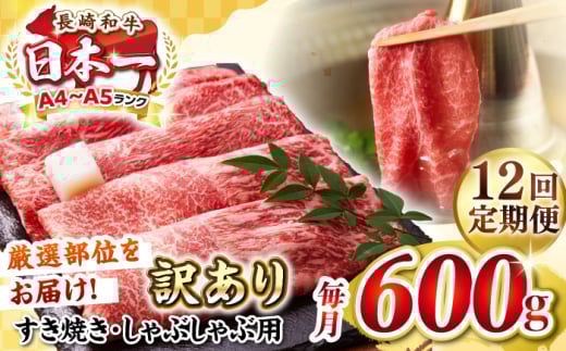 【全12回定期便】【訳あり】【A4〜A5ランク】 長崎和牛 赤身 霜降り しゃぶしゃぶ・すき焼き用 600g（肩・モモ）《壱岐市》【株式会社MEAT PLUS】 肉 牛肉 黒毛和牛 冷凍配送 訳あり しゃぶしゃぶ用 すき焼用 A4 A5 [JGH094]