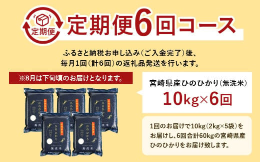 ＜【6ヶ月定期便】令和6年産 宮崎県産ヒノヒカリ（無洗米） 2kg×5袋 計10kg（真空パック）＞11月中旬以降に第1回目発送（8月は下旬頃）×6回 合計60kg ヒノヒカリ 宮崎県産 無洗米 米 