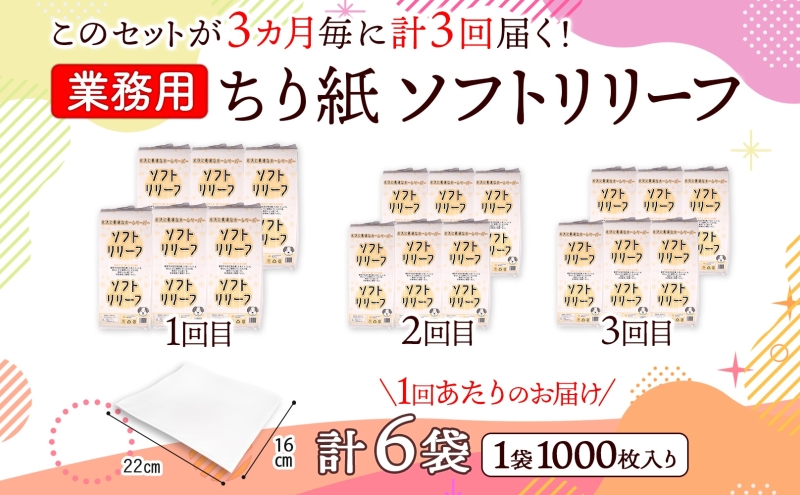 定期便 3ヶ月毎3回お届け ちり紙 リリーフ 1000枚×6袋 紙 無香料 ティッシュペーパー 落とし紙 ペーパー 紙 紙製品 日用品 消耗品 紙製品 ストック 備蓄 生活必需品 エコ まとめ買い ト