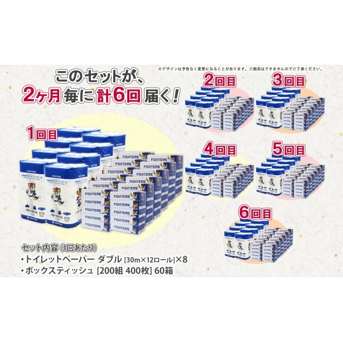 定期便 2ヵ月毎 全6回 北海道 日本ハムファイターズ トイレットペーパー ダブル 30ｍ巻き 96ロール ボックス ティッシュ セット 日本製 香りつき まとめ買い リサイクル 防災 常備 消耗品 