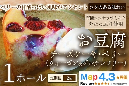 【定期便】お豆腐チーズケーキ・ベリー（ヴィーガン&グルテンフリー）（6号）×1ホール×全2回【ヴィーガンケーキ】ヴィーガンスイーツ 豆腐 動物性不使用 植物性素材 プラントベースフード ヘルシースイーツ 冷凍スイーツ 手作り ご褒美 ギフト 贈答用 プレゼント 埼玉県 加須市
