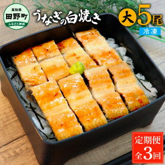 田野町産うなぎの白焼き(大) 5尾×3回 定期便 3ヶ月 定期コース 1尾あたり120～150g タレ付き 山椒付き うなぎ 鰻 ウナギ 白焼 無頭 おいしい 国産 個包装 お取り寄せ 冷凍 配送