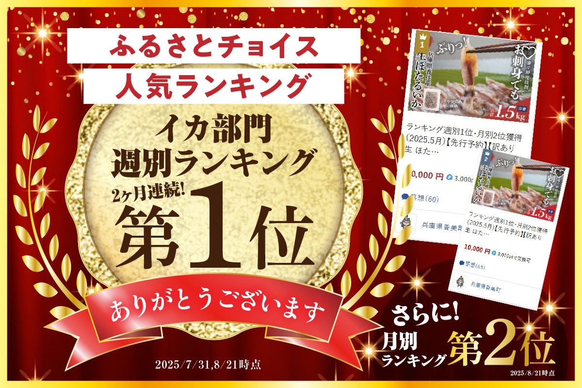 おかげさまでイカ部門週別ランキング第1位、月別ランキング第2位を獲得いたしました！