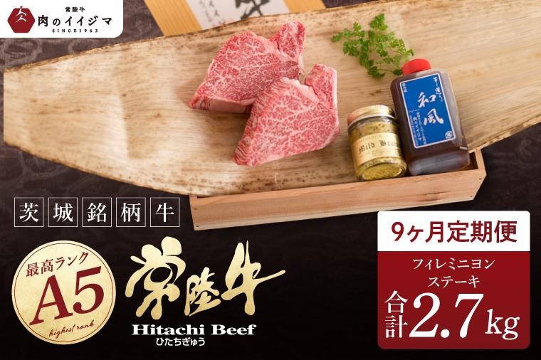 
                  9ヶ月 定期便 肉 希少部位肉 常陸牛A5 フィレミニヨンステーキ 150g×2枚 9回 ＜木箱入り・特製タレ／マスタード付き＞ ヒレステーキ 国産牛 黒毛和牛 お中元 敬老の日 お取り寄せ お祝い 内祝い 出産 結婚 快気祝いプレゼント 誕生日 ギフト対応 茨城県 水戸市 肉のイイジマ（DU-163）
                