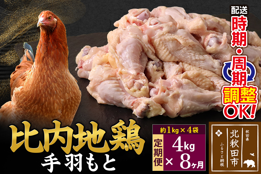 《定期便8ヶ月》 比内地鶏 手羽もと 4kg（1kg×4袋）×8回 計32kg 時期選べる お届け周期調整可能 8か月 8ヵ月 8カ月 8ケ月 32キロ 手羽元 国産 冷凍 鶏肉 鳥肉 とり肉