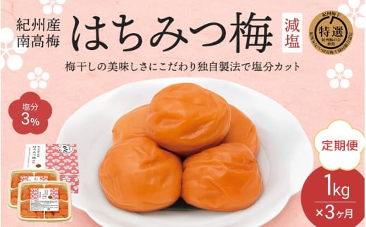 【3カ月定期便】 紀州南高梅 はちみつ梅 減塩（塩分3％）1kg(500g×2) / 梅干し 梅干 梅 中田食品 A級品 和歌山 田辺市 紀州南高梅 南高梅 はちみつ梅 減塩 塩分控えめ【nkt021-tk】