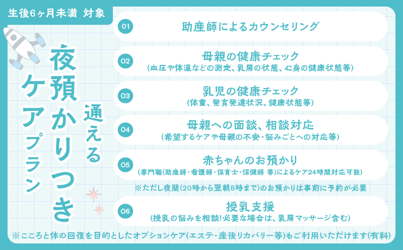別府温泉で整う産後ケア「MOTTO」–通える「夜預かりつきケアプラン」（生後6ヶ月未満）– 夜預かりつきケアプラン