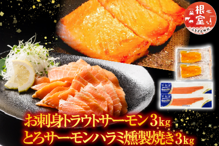 お刺身トラウトサーモン3kg＆とろサーモンハラミ燻製焼き3kg D-09027
