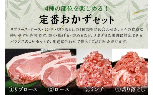 【定期便12ヶ月】ブランド豚「ばんぶぅ」定番おかずセット（計4kg） 定期便 ばんぶぅ 豚肉 リブロース ソテー ロース とんかつ ミンチ 切り落とし 真空パック 定番 おかず トンカツ ひき肉 ソテ