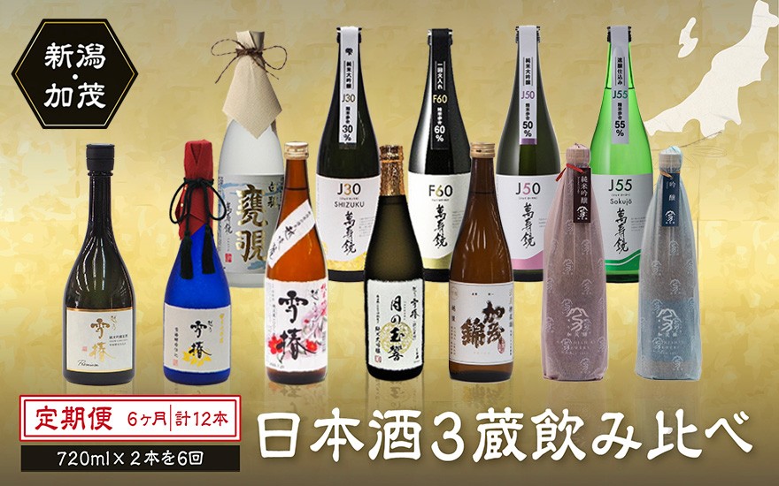 
            【定期便6ヶ月毎月お届け】【20セット限定】日本酒3蔵飲み比べセット 12本（720ml×2本×6ヶ月）《2026年1月以降順次発送》マスカガミ 雪椿酒造 加茂錦酒造   贈答 加茂市 マルダイ有本
          