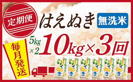 【定期便】【無洗米】令和7年産 山形県産 はえぬき 10kg (5kg×2)  3回配送