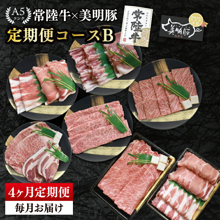 【ふるさと納税】【4か月定期便】A5ランク常陸牛＆美明豚　食べ比べ　定期便コースB｜すき焼き しゃぶしゃぶ 焼肉 BBQ ステーキ 国産牛 和牛 牛肉 豚肉茨城県 水戸市 国産 老舗精肉店（EK-82）