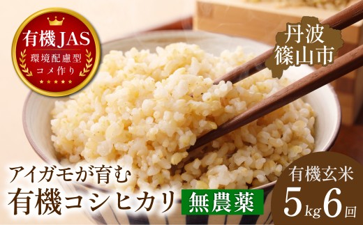 〈定期便 令和８年産早期予約〉5kg×6回 有機JAS認証 アイガモが育む コシヒカリ 玄米 計30kg｜兵庫県 丹波篠山市産 げんまい 白米 米 コメ こめ こしひかり 有機栽培 農家直送