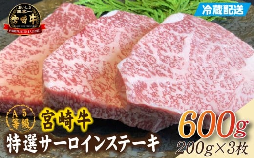 【新鮮チルド発送!!】A5等級宮崎牛特選サーロインステーキ 3枚 600g（黒毛和牛 牛肉 宮崎牛 A5 焼肉 ステーキ サーロイン 宮崎県）