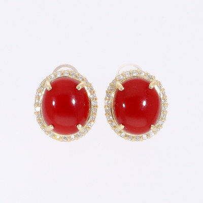 【ふるさと納税】K18イエローゴールド 血赤 珊瑚 オーバル ダイヤ ピアス【PE-3125】【配送不可地域：離島・沖縄県】【1712579】