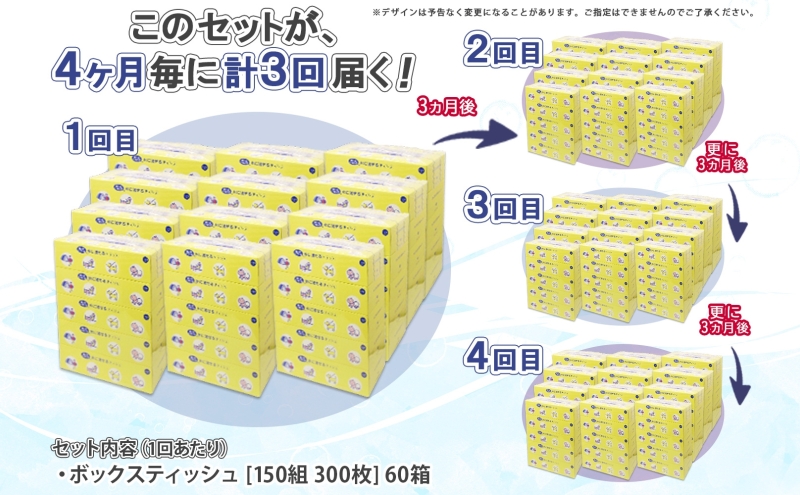 北海道 定期便 3ヵ月毎 全4回 とけまるくん 水に流せる ティッシュ 150組 計60箱 ティッシュペーパー ボックス リサイクル 日本製 防災 常備品 日用品 消耗品 備蓄 育児 福祉 ペット キ