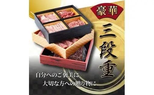 《2026年10月発送》宮崎牛旨さ!!牛ぎゅ～詰め三段重 合計690g 赤身モモ肉ステーキ、霜降り肩ローススライス、焼肉4種食べ比べ_K033-048-10