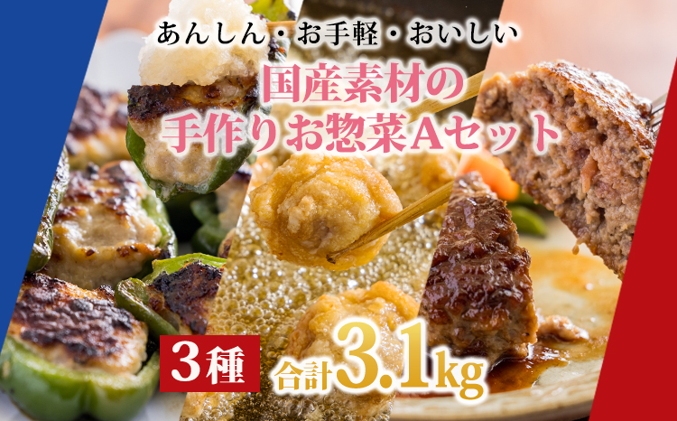 お手軽国産素材の手作りおかず3種類セット3.1kg(ピーマン肉詰め ハンバーグ 唐揚げ)　九州産 使いきりサイズ  一人暮らし 1人暮らし 時短調理 簡単調理 送料無料 [からあげ から揚げ] 15000円 TF0776-P00064