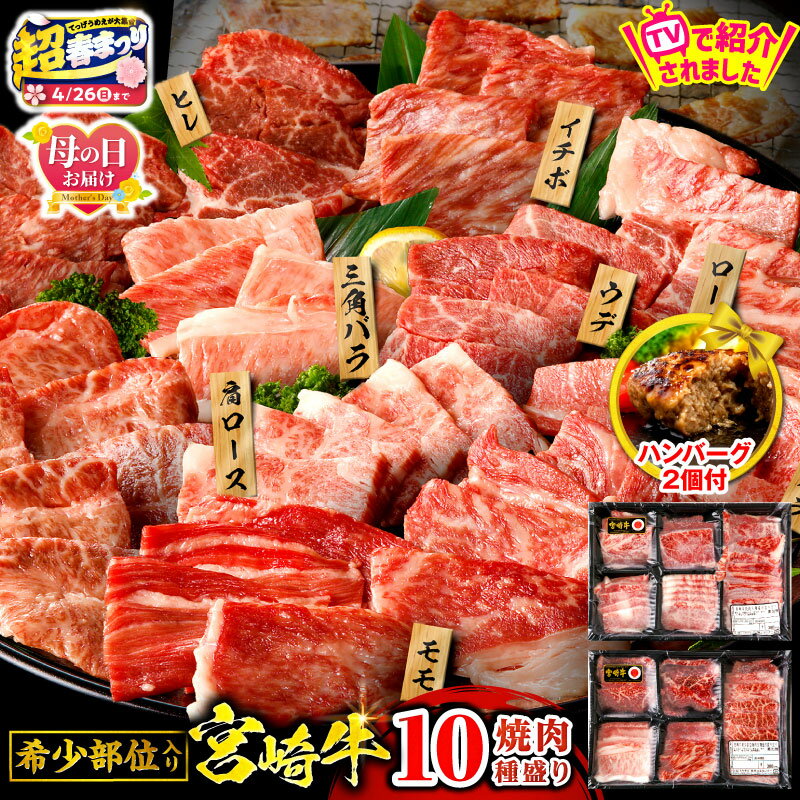【ふるさと納税】テレビで紹介されました！【超！春まつり 生活応援・大感謝規格】【発送時期が選べる】畜産農家応援！宮崎牛 焼肉 10種 盛り合わせ 国産牛ハンバーグ 100g×2個 牛肉 肉 お肉 赤身 赤身肉 焼肉 セット 牛 国産牛 BBQ 小分け 宮崎市