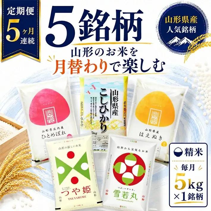 ≪新米予約≫ (11月～3月) ≪5ヶ月定期便≫ 精米 5銘柄食べ比べセット 各5kg 5ヶ月連続 計25kg 令和8年産 コシヒカリ 雪若丸 ひとめぼれ はえぬき つや姫 山形県産 毎月下旬にお届け 山形県 遊佐町 庄内地方 ブランド米 ごはん ご飯 白米 連続定期便 小分け[1722T11]