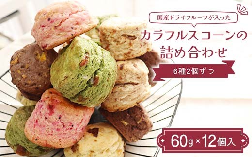 国産ドライフルーツが入ったカラフルスコーンの詰め合わせ 12個入り（6種2個ずつ） ココア 抹茶 いちご フルーツ 紅茶 胡麻 塩キャラメル ピーチ 焼き菓子 F7X-0512