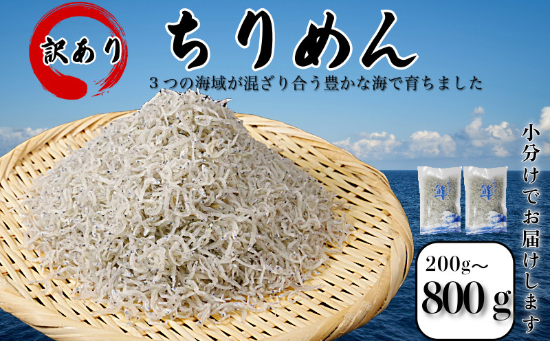 
            訳あり ちりめん 200g～800g  国産  ちりめんじゃこ 小分け 魚 魚介 小魚 ごはん 丼 サラダ チャーハン 焼き飯 パスタ うどん トースト ピザ おにぎりお弁当  栄養満点 カルシウム 米 プレゼント 贈答 【北海道、沖縄、離島配送不可】 
          