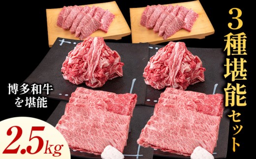 博多和牛 3種堪能セット 2.5kg 計6パック 《30日以内に出荷予定(土日祝除く)》ふるさと納税 和牛 牛 博多和牛 3種 すき焼き用 しゃぶしゃぶ用 焼肉用 焼き肉用 切り落とし 2.5kg 2700g 計6パック