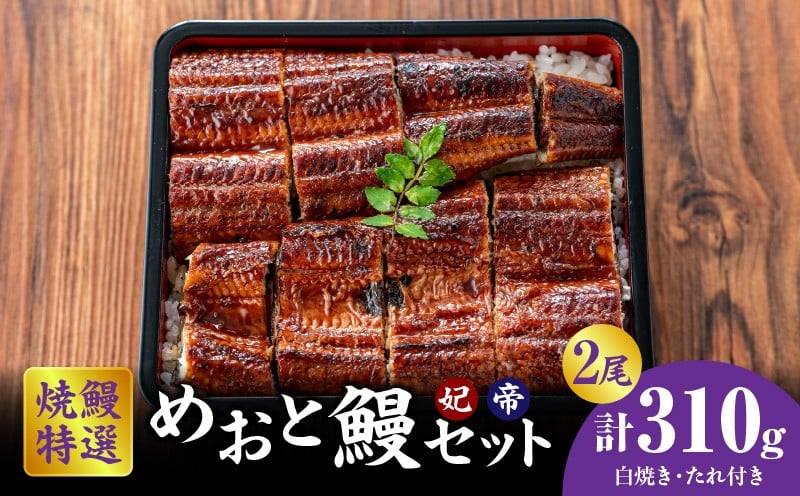 
            焼鰻めおと鰻セット：焼鰻特選メス妃うなぎ特大１尾と焼鰻特選オス帝うなぎ大1尾　計310g・Y100
          
