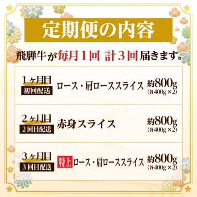 【毎月定期便】飛騨牛　厳選すき焼き・しゃぶしゃぶ用　定期便800g全3回【配送不可地域：離島】
